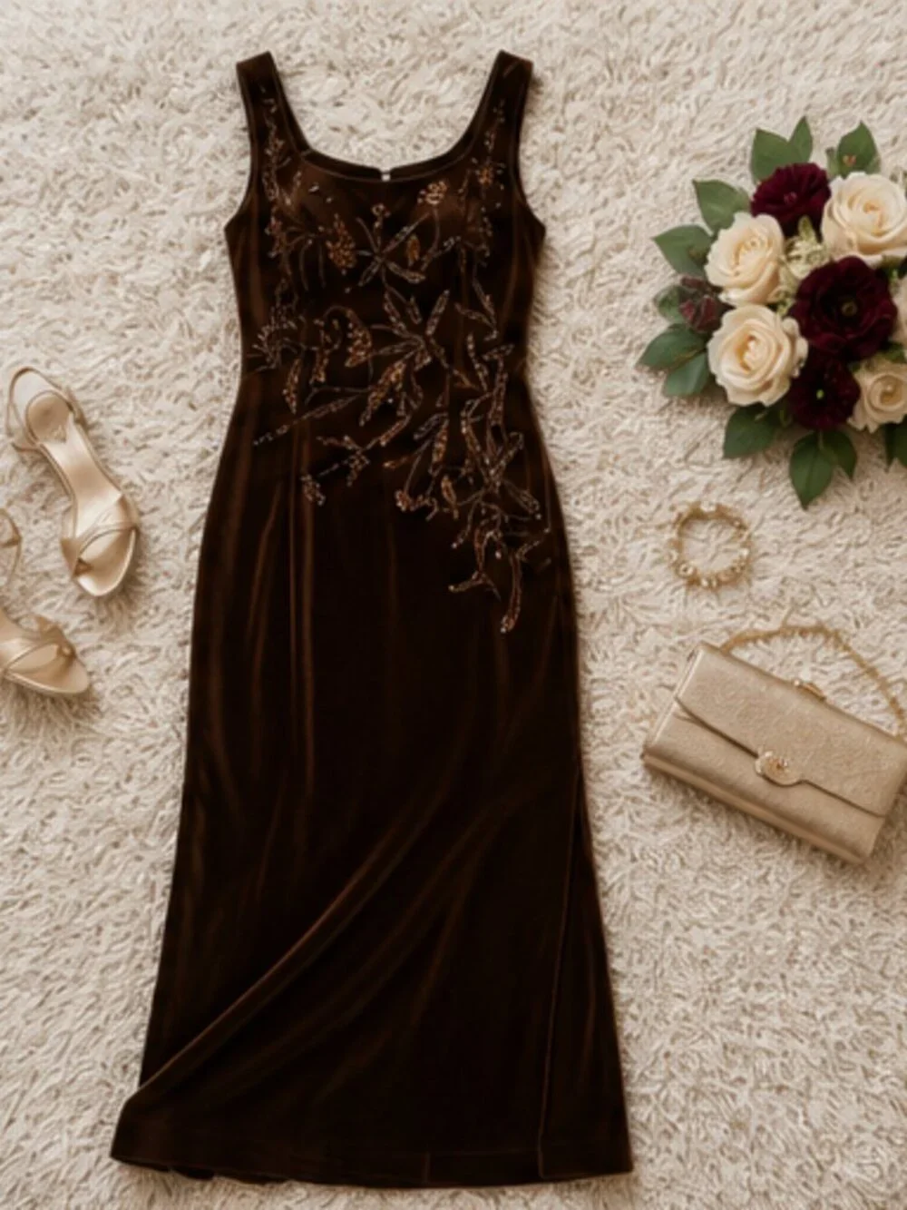 Adrianna Papell Velvet Beaded Maxi Dress Espresso Size 14 NWT